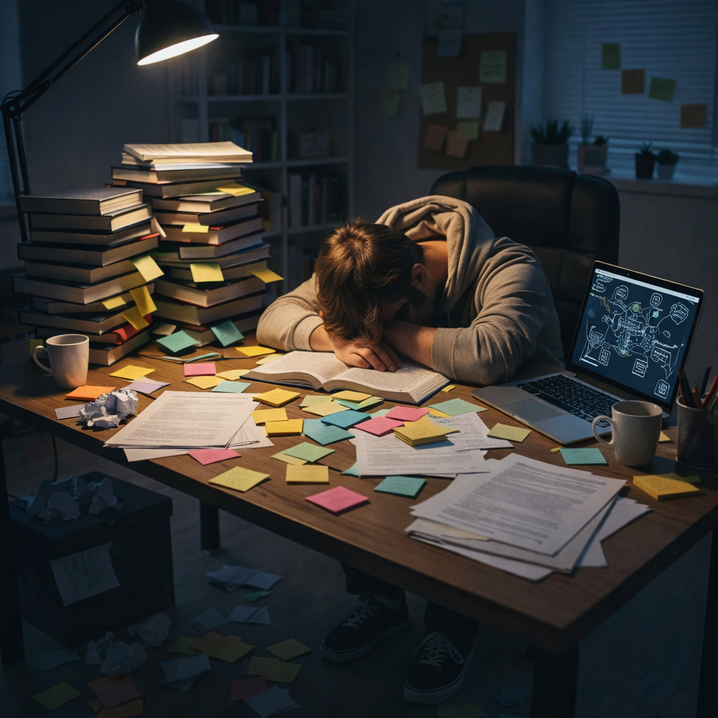 Pessoa sobrecarregada estudando para concurso