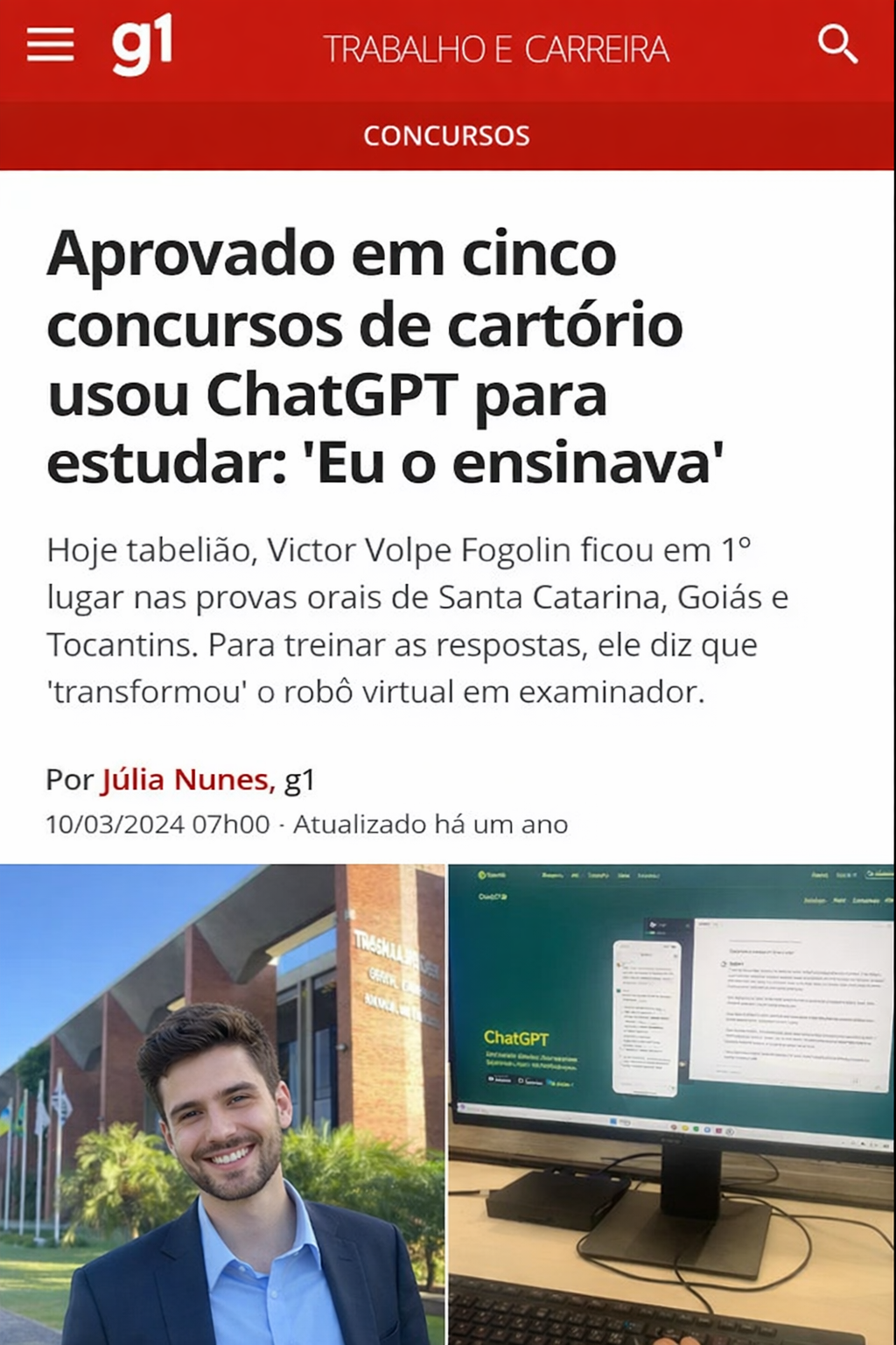 Notícia G1 sobre aprovado usando ChatGPT